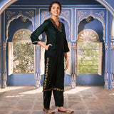 Emerald Green Velvet Floral V Neck Embroidered Kurta