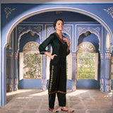 Emerald Green Velvet Floral V Neck Embroidered Kurta