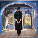 Emerald Green Velvet Floral V Neck Embroidered Kurta
