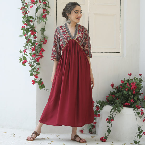 Maroon V Neck Gathered Dress Rustorange