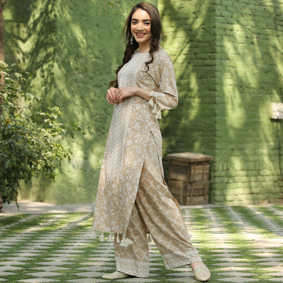 Beige Kurta Palazzo Co-ord Set with Tassel Details
