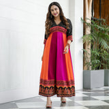 Black Multicolour Long Kalidaar Dress with Border Details