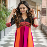Black Multicolour Long Kalidaar Dress with Border Details
