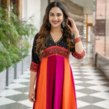 Black Multicolour Long Kalidaar Dress with Border Details