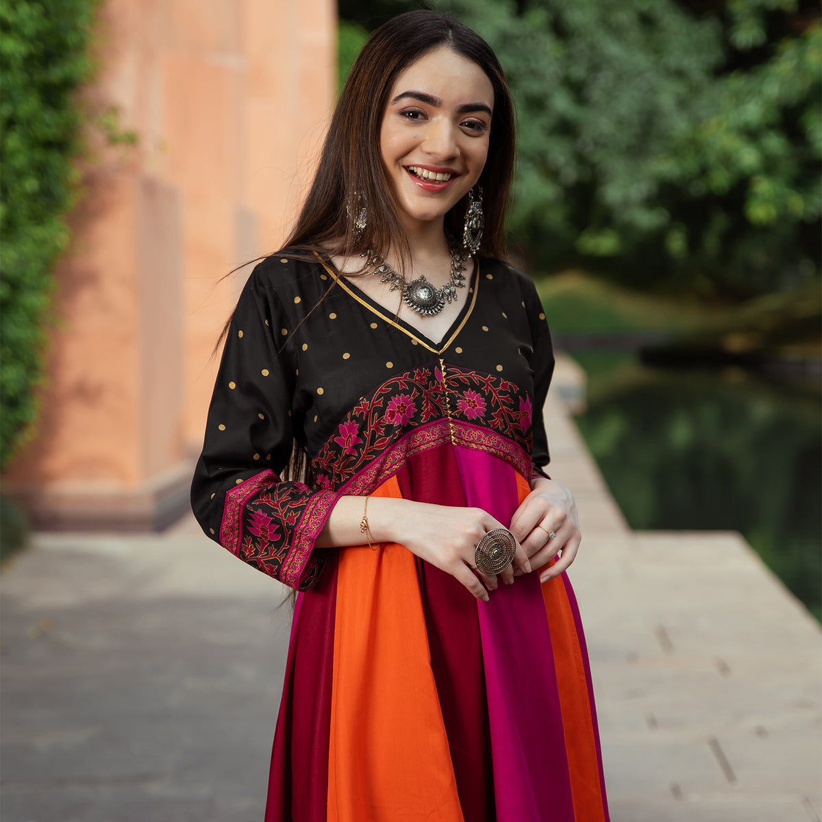 Black Multicolour Long Kalidaar Dress with Border Details