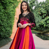 Black Multicolour Long Kalidaar Dress with Border Details
