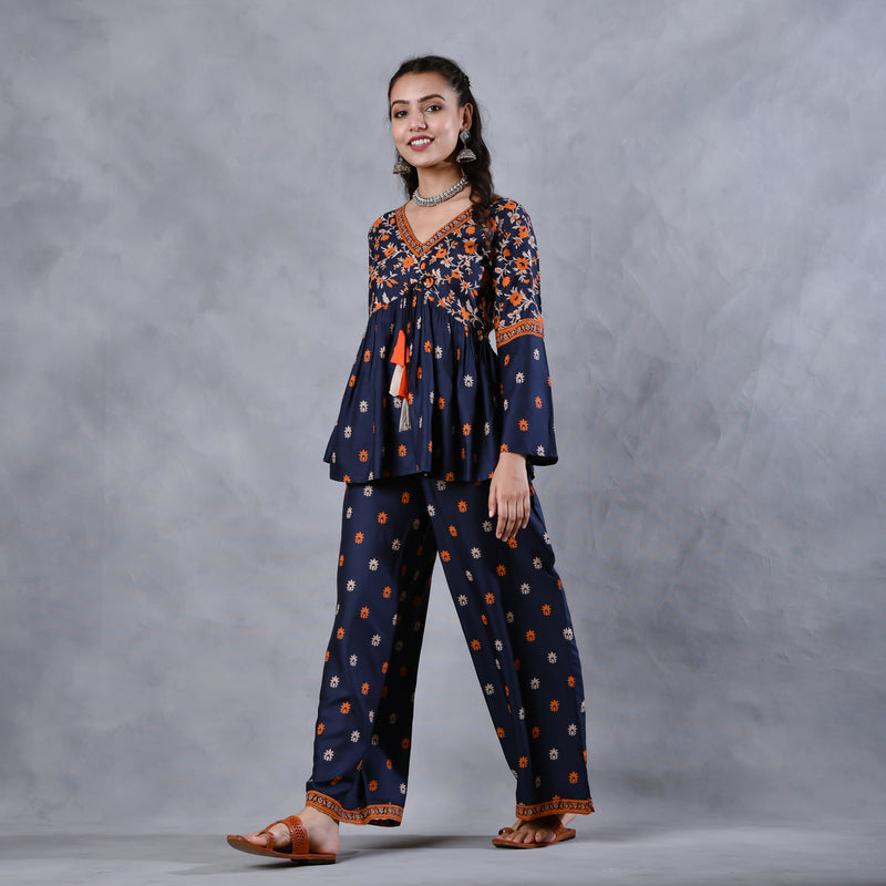 Deep Blue Floral Gathered Top Pant Set with Tassels & Bell Sleeves