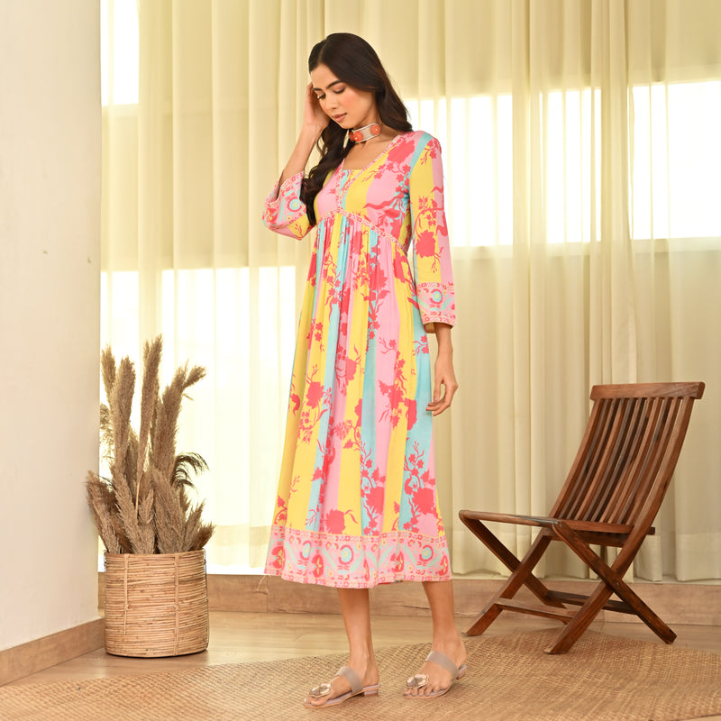 Pink Yellow Front Gathered V Neck Floral Dress