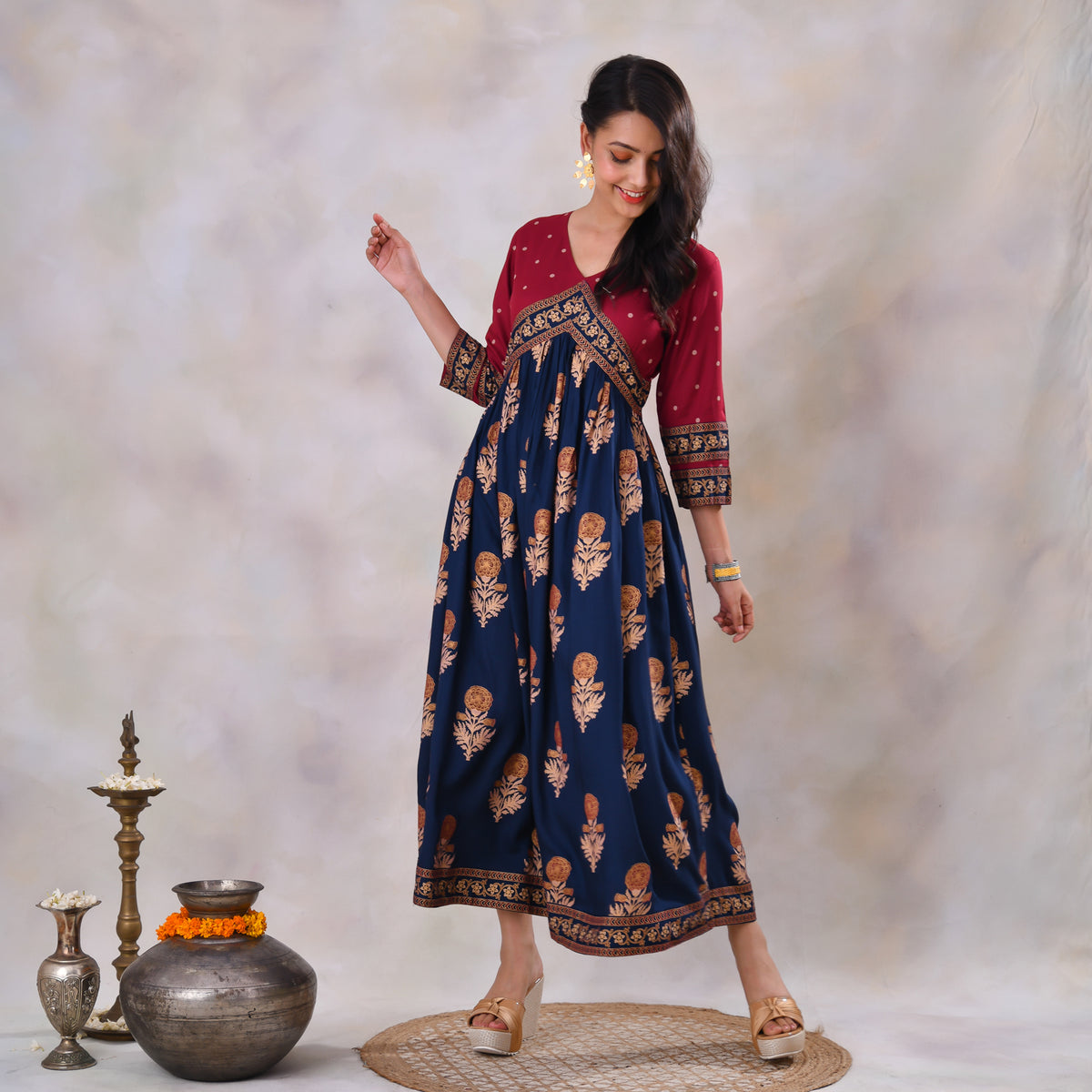Blue & Maroon V Neck Alia Cut Dress with Gold Buta & Polka Prints