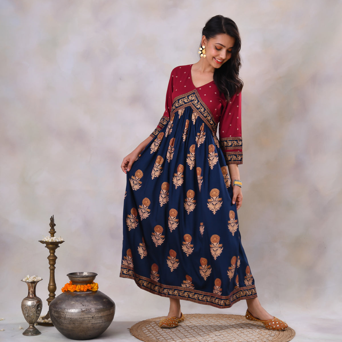 Blue & Maroon V Neck Alia Cut Dress with Gold Buta & Polka Prints
