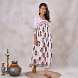 White V Neck Alia Cut Dress with Buta & Polka Prints