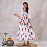 White V Neck Alia Cut Dress with Buta & Polka Prints