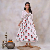 White V Neck Alia Cut Dress with Buta & Polka Prints