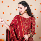Maroon Festive Gold Printed Kurta Set with Dupatta for Women