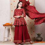 Maroon Festive Gold Printed Kurta Set with Dupatta for Women