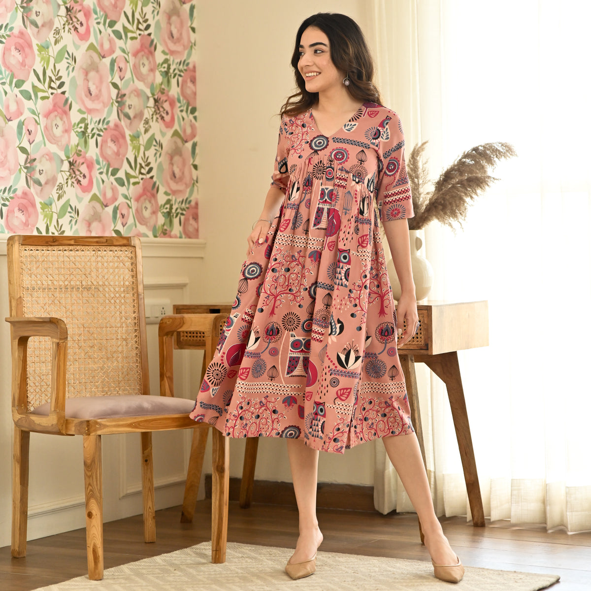 Baby Pink Abstract Print Flared Dress
