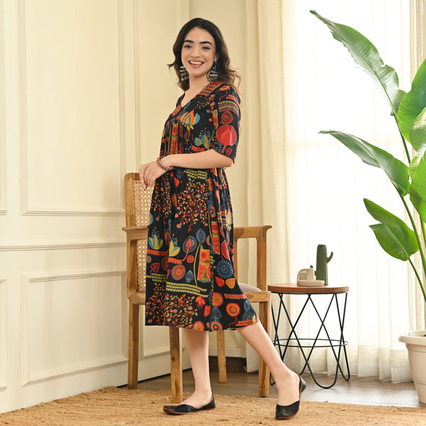 Buy Black Abstract Print Flared Dress | Rustorange