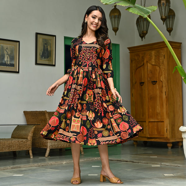 Buy Black Geometrical Flared Dress | Rustorange