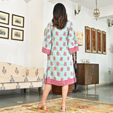 Sky Blue Printed Mandarin Collar Dress