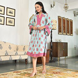 Sky Blue Printed Mandarin Collar Dress