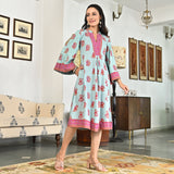 Sky Blue Printed Mandarin Collar Dress