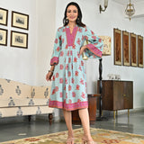 Sky Blue Printed Mandarin Collar Dress