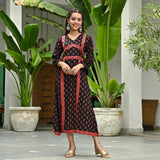 Black Printed Front Slit Alia Cut Dress