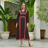 Black Printed Front Slit Alia Cut Dress