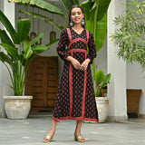 Black Printed Front Slit Alia Cut Dress