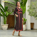 Black Printed Front Slit Alia Cut Dress