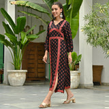 Black Printed Front Slit Alia Cut Dress