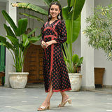 Black Printed Front Slit Alia Cut Dress