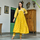 Yellow Floral Jaal V Neck Kurta Pant Co-ord Set