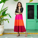 Black Multicoloured Tiered Dress with Polka Prints & Gota Details