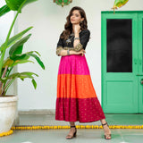Black Multicoloured Tiered Dress with Polka Prints & Gota Details