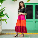 Black Multicoloured Tiered Dress with Polka Prints & Gota Details