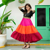 Black Multicoloured Tiered Dress with Polka Prints & Gota Details