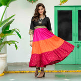 Black Multicoloured Tiered Dress with Polka Prints & Gota Details