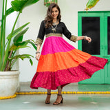Black Multicoloured Tiered Dress with Polka Prints & Gota Details