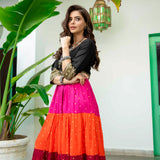 Black Multicoloured Tiered Dress with Polka Prints & Gota Details