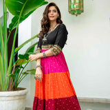 Black Multicoloured Tiered Dress with Polka Prints & Gota Details