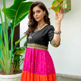Black Multicoloured Tiered Dress with Polka Prints & Gota Details