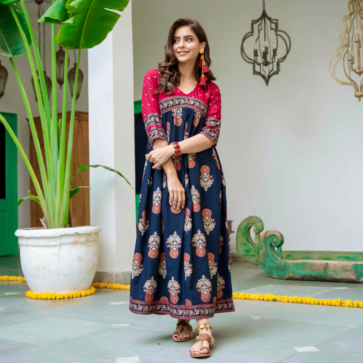 Blue & Maroon V Neck Alia Cut Dress with Gold Buta & Polka Prints