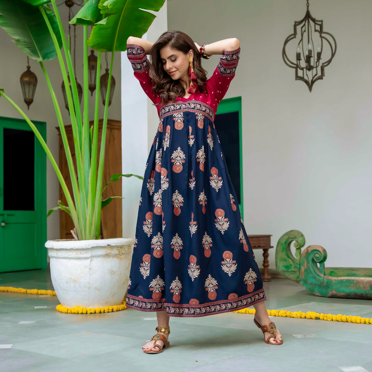 Blue & Maroon V Neck Alia Cut Dress with Gold Buta & Polka Prints