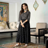 Black Bandhani & Stone Printed Tiered Dress with Flared Sleeves