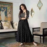 Black Bandhani & Stone Printed Tiered Dress with Flared Sleeves