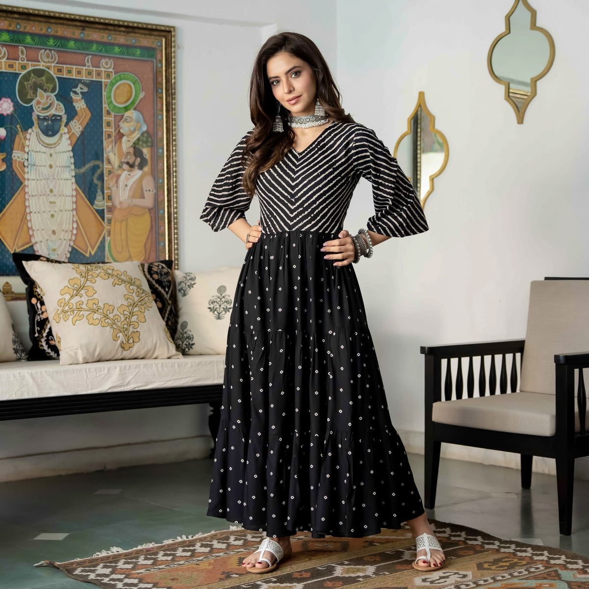 Black Bandhani & Stone Printed Tiered Dress with Flared Sleeves