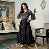 Black Bandhani & Stone Printed Tiered Dress with Flared Sleeves