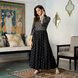 Black Bandhani & Stone Printed Tiered Dress with Flared Sleeves