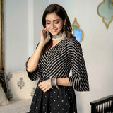 Black Bandhani & Stone Printed Tiered Dress with Flared Sleeves